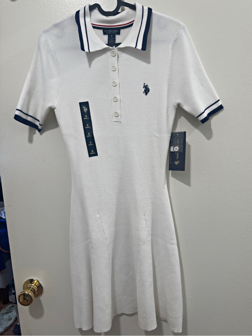 U.S. Polo Assn. White Ribbed Knit Polo Dress Navy Trim Size Small NWT